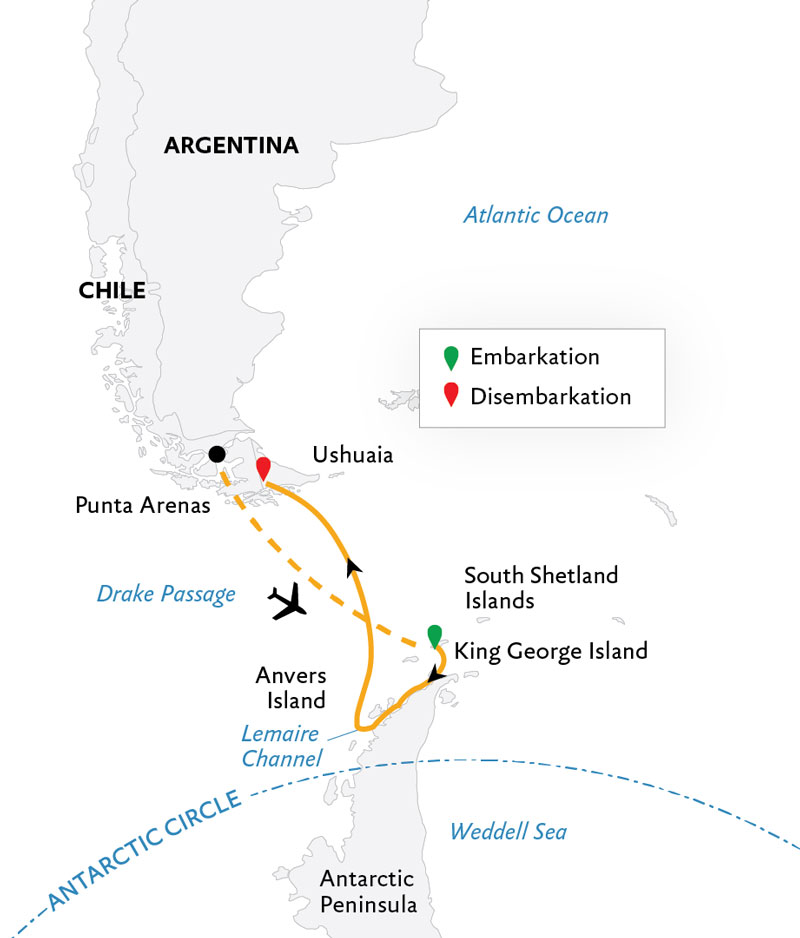 Route map of Antarctic Express: Fly South, Cruise North Antarctica small ship air cruise, flying from Punta Arenas, Chile to Antarctica & ending by cruising to disembark in Ushuaia, Argentina.
