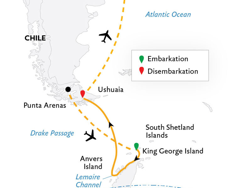 Route map of Antarctic Express: Fly South, Cruise North via Buenos Aires Antarctica small ship air cruise, flying from Punta Arenas, Chile to Antarctica & ending by cruising to disembark in Ushuaia, Argentina & take a charter flight to Buenos Aires.