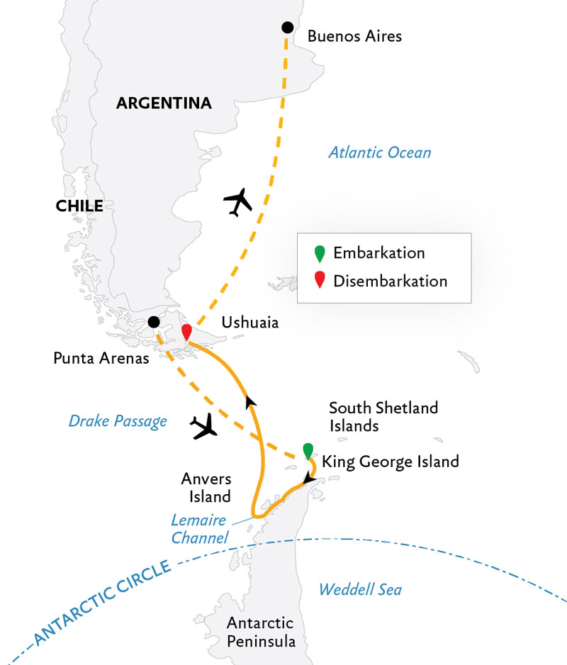 Route map of Antarctic Express: Fly South, Cruise North via Buenos Aires Antarctica small ship air cruise, flying from Punta Arenas, Chile to Antarctica & ending by cruising to disembark in Ushuaia, Argentina & take a charter flight to Buenos Aires.