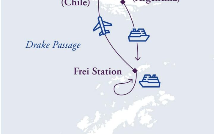 Route map for Antarctica Express Air Cruise, sail there and fly back