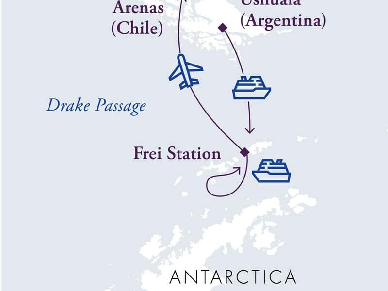 Route map for Antarctica Express Air Cruise, sail there and fly back