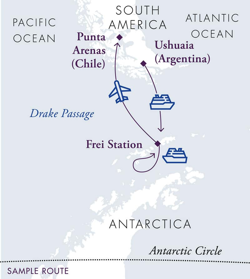 Route map for Antarctica Express Air Cruise, sail there and fly back