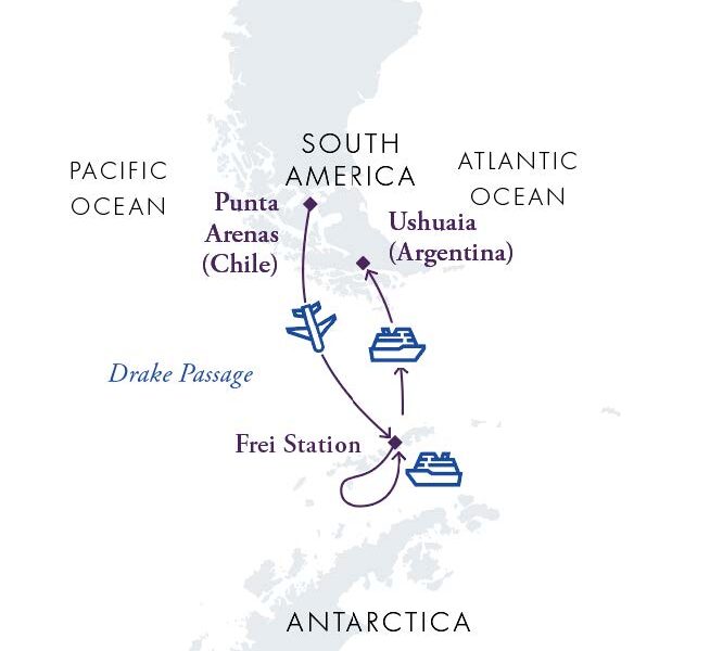 Route map for reverse Antarctica Express Air Cruise, fly there and sail back