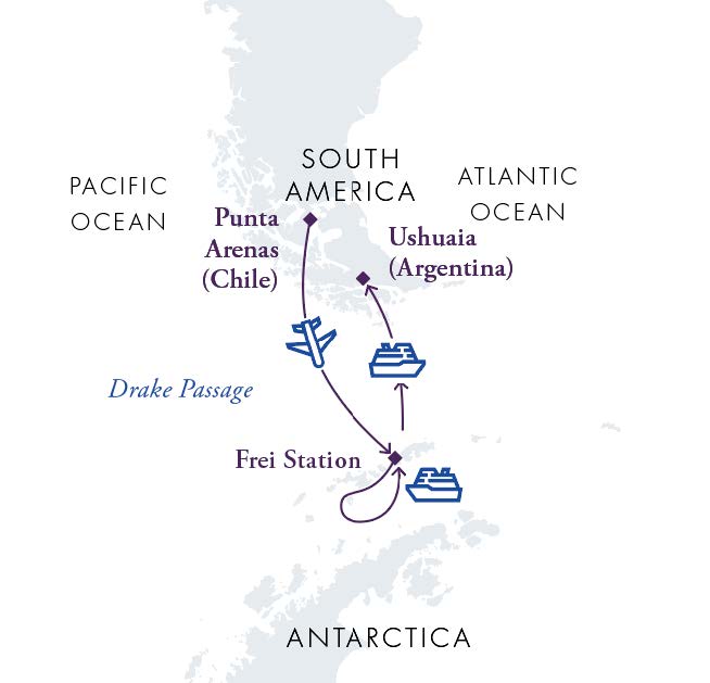 Route map for reverse Antarctica Express Air Cruise, fly there and sail back