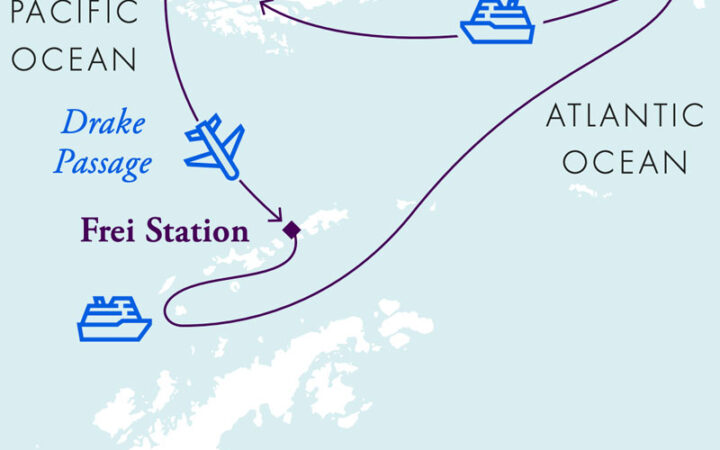 Route map of Antarctica & South Georgia Air Cruise starting with a flight from Punta Arenas, Chile to King George Island, then cruising along the Antarctic Peninsula & South Georgia Island before ending in Ushuaia, Argentina.