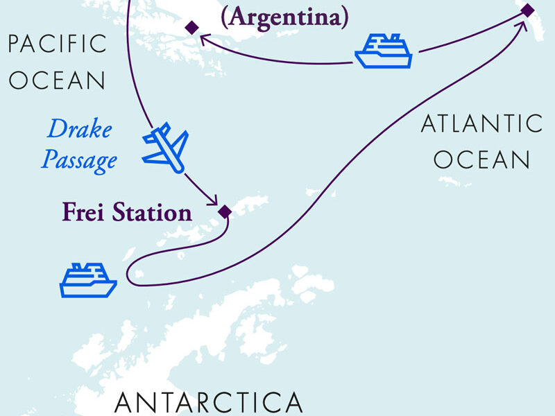 Route map of Antarctica & South Georgia Air Cruise starting with a flight from Punta Arenas, Chile to King George Island, then cruising along the Antarctic Peninsula & South Georgia Island before ending in Ushuaia, Argentina.