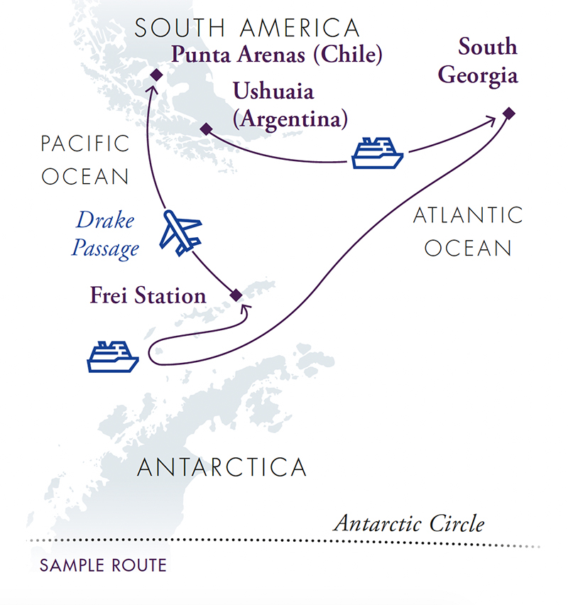 Antarctica & South Georgia Air Cruise Fly North Itinerary route map