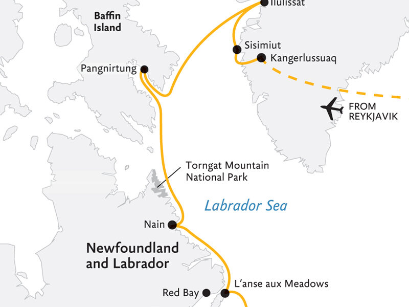 Route map of Greenland to Newfoundland: Mountains, Wildlife & Viking History cruise, from Reykjavik Iceland to St. John's, Canada with visits along Greenland & Baffin Island.
