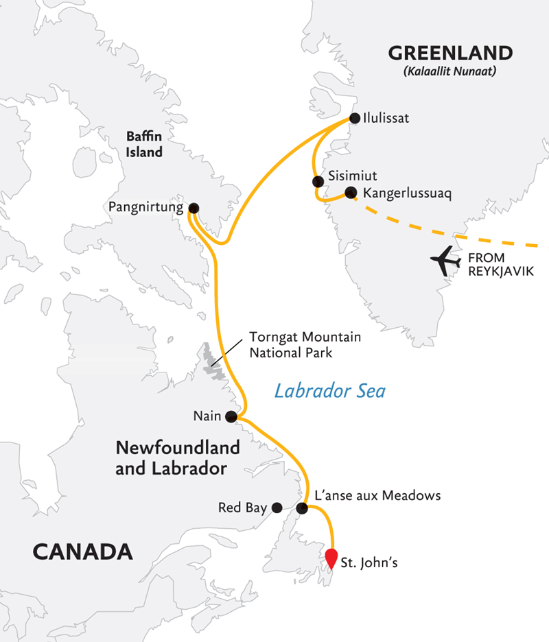 Route map of Greenland to Newfoundland: Mountains, Wildlife & Viking History cruise, from Reykjavik Iceland to St. John's, Canada with visits along Greenland & Baffin Island.