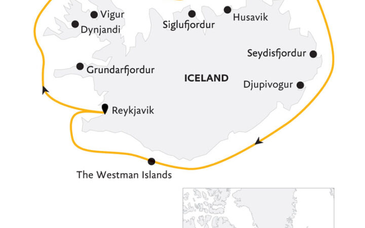 Route map of Iceland Circumnavigation: Helicopters, Glaciers & Volcanoes cruise, round-trip from Reykjavik.