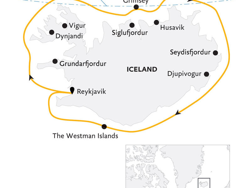 Route map of Iceland Circumnavigation: Helicopters, Glaciers & Volcanoes cruise, round-trip from Reykjavik.