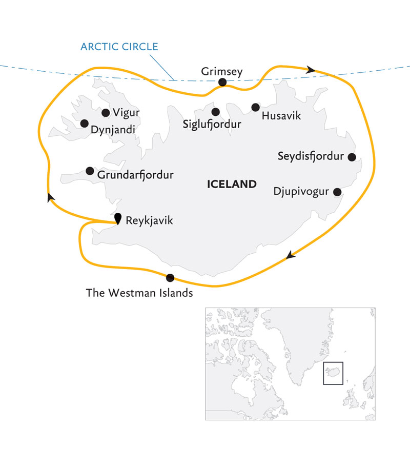 Route map of Iceland Circumnavigation: Helicopters, Glaciers & Volcanoes cruise, round-trip from Reykjavik.