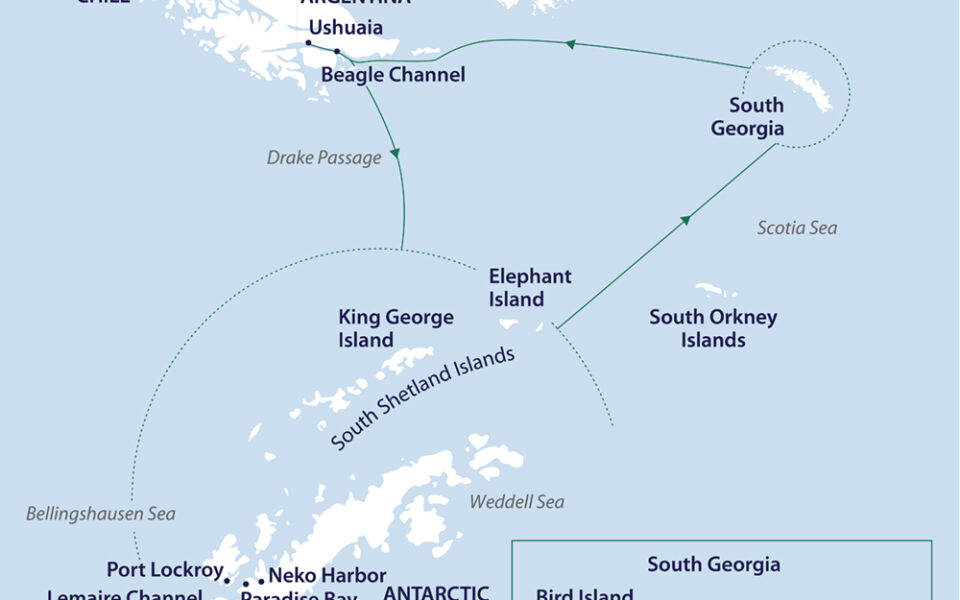 Route map of In Shackleton's Footsteps cruise, round-trip from Ushuaia, Argentina, with visits along the Antarctic Peninsula, Weddell Sea, Scotia Sea & South Georgia.