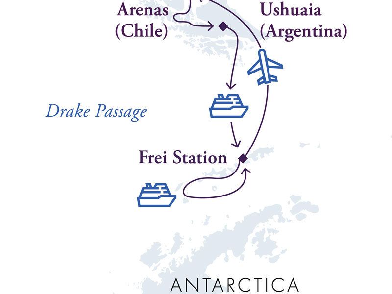 Route map of Magellan Discoverer Inaugural Air Cruise, cruising from Punta Arenas, Chile, with a flight from King George Island to return to Punta Arenas, and stops along the Antarctic Peninsula.