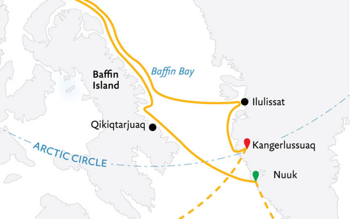 Route map of 2026 Northwest Passage: The Legendary Arctic Sea Route cruise from Nuuk to Kangerlussuaq, Greenland, bookended by charter flights to start in Reykjavik, Iceland & end in Calgary, Canada.