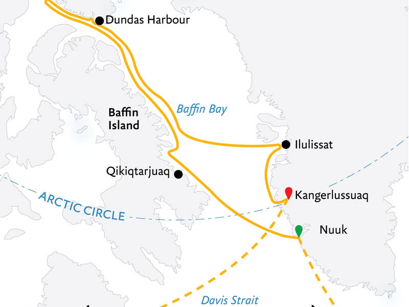 Route map of 2026 Northwest Passage: The Legendary Arctic Sea Route cruise from Nuuk to Kangerlussuaq, Greenland, bookended by charter flights to start in Reykjavik, Iceland & end in Calgary, Canada.