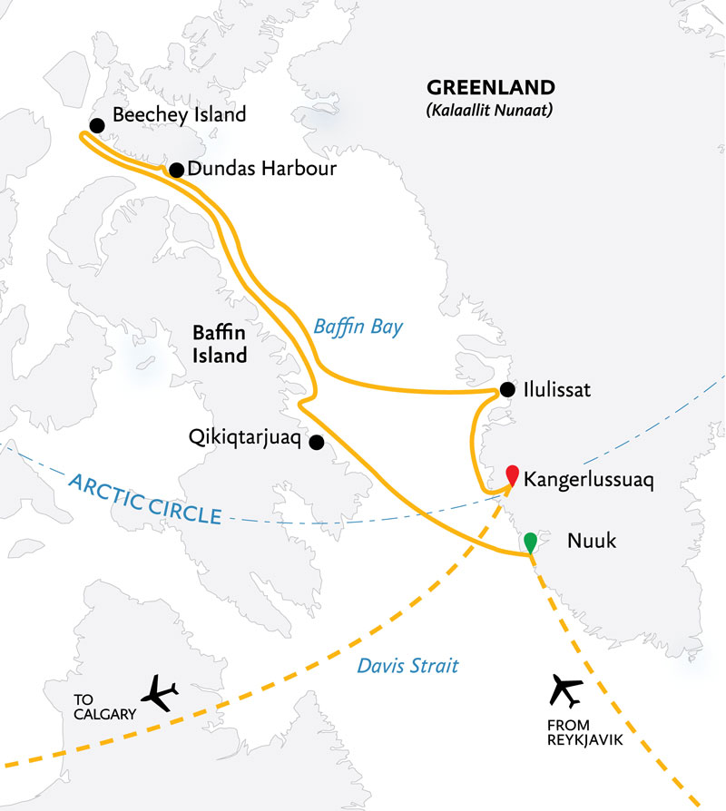 Route map of 2026 Northwest Passage: The Legendary Arctic Sea Route cruise from Nuuk to Kangerlussuaq, Greenland, bookended by charter flights to start in Reykjavik, Iceland & end in Calgary, Canada.