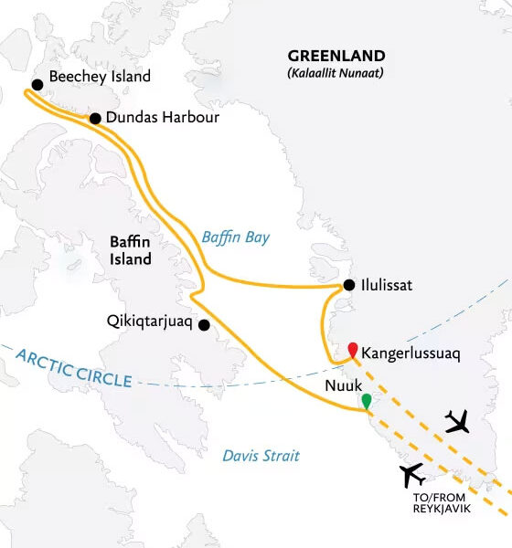 Route map of 2027 Northwest Passage: The Legendary Arctic Sea Route cruise from Nuuk to Kangerlussuaq, Greenland, bookended by charter flights to start and end in Reykjavik, Iceland.