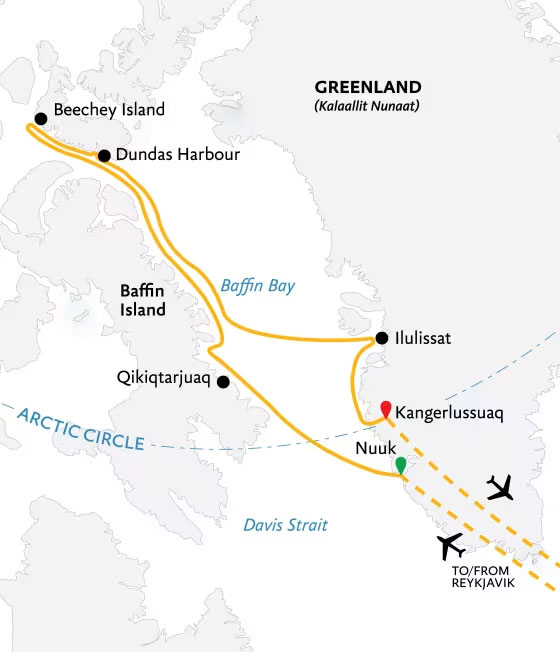 Route map of 2027 Northwest Passage: The Legendary Arctic Sea Route cruise from Nuuk to Kangerlussuaq, Greenland, bookended by charter flights to start and end in Reykjavik, Iceland.