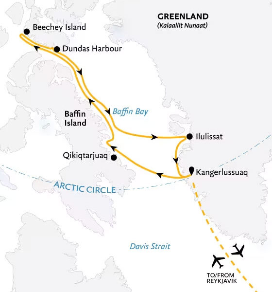 Route map of 2027 Northwest Passage: The Legendary Arctic Sea Route cruise round-trip from Kangerlussuaq, Greenland, bookended by charter flights to start and end in Reykjavik, Iceland.