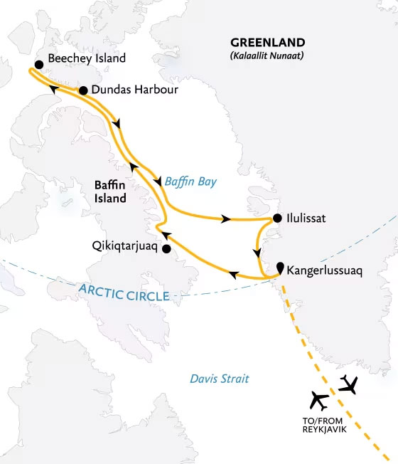 Route map of 2027 Northwest Passage: The Legendary Arctic Sea Route cruise round-trip from Kangerlussuaq, Greenland, bookended by charter flights to start and end in Reykjavik, Iceland.
