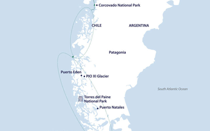 Route map of northbound Patagonia & Chilean Fjords cruise along the entire coast of Chile, from Puerto Montt to Cape Horn & Ushuaia, Argentina.
