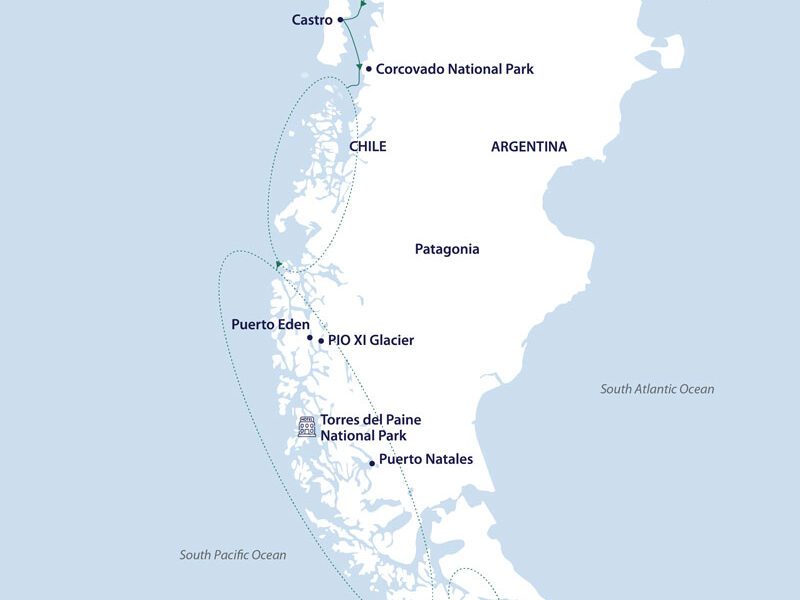 Route map of southbound Patagonia & Chilean Fjords cruise along the entire coast of Chile, from Puerto Montt to Cape Horn & Ushuaia, Argentina.