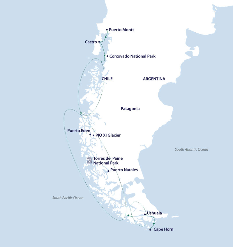 Route map of southbound Patagonia & Chilean Fjords cruise along the entire coast of Chile, from Puerto Montt to Cape Horn & Ushuaia, Argentina.