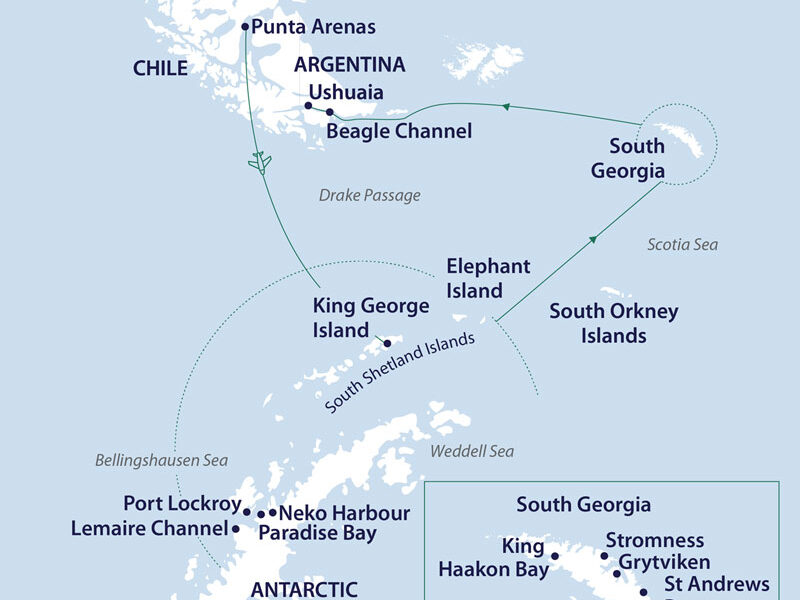 Route map of South Georgia & Antarctica: Through the Lens fly-cruise, from Punta Arenas, Chile down to the Peninsula & South Georgia, ending in Ushuaia, Argentina.