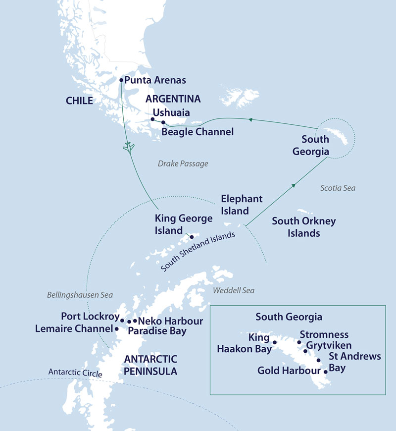 Route map of South Georgia & Antarctica: Through the Lens fly-cruise, from Punta Arenas, Chile down to the Peninsula & South Georgia, ending in Ushuaia, Argentina.