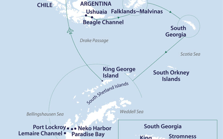 Route map of South Georgia, Falklands & Antarctic Odyssey Cruise/Fly route, sailing from Ushuaia, Argentina, clockwise to King George Island, ending with a flight to Punta Arenas, Chile.