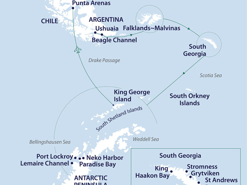 Route map of South Georgia, Falklands & Antarctic Odyssey Cruise/Fly route, sailing from Ushuaia, Argentina, clockwise to King George Island, ending with a flight to Punta Arenas, Chile.