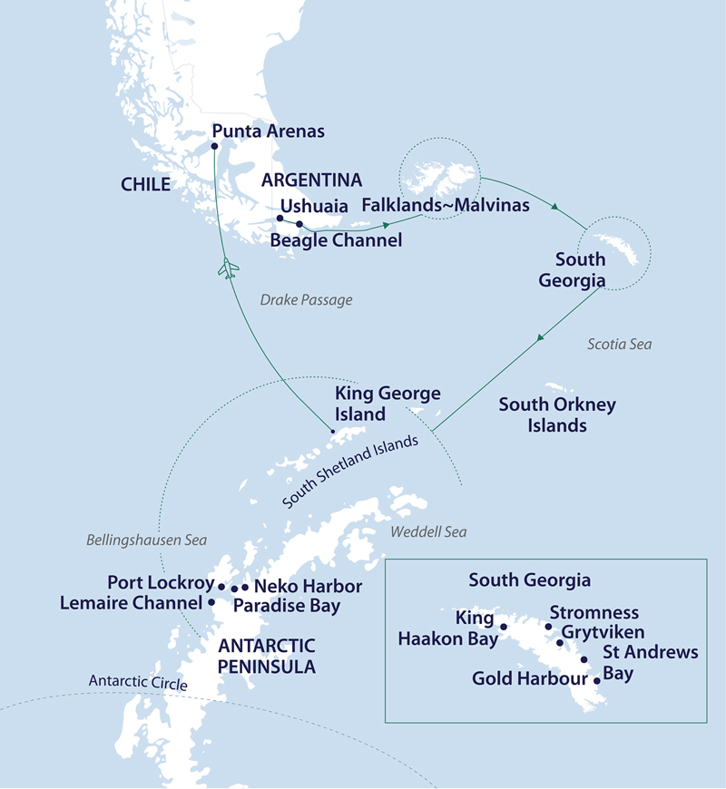 Route map of South Georgia, Falklands & Antarctic Odyssey Cruise/Fly route, sailing from Ushuaia, Argentina, clockwise to King George Island, ending with a flight to Punta Arenas, Chile.