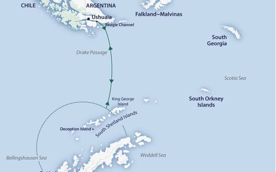 Route map of Spirit of Antarctica Expedition, a small ship cruise operating round-trip from Ushuaia, Argentina, to the South Shetland Islands & Antarctic Peninsula.