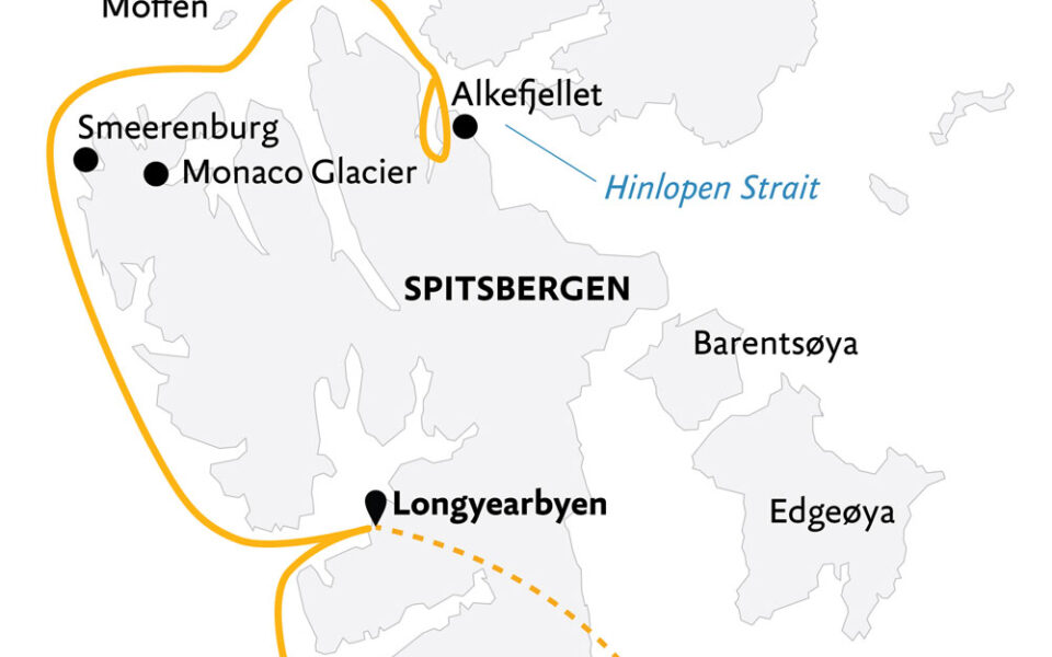 Route map of Svalbard Explorer cruise focused on western edge of the archipelago & operating round-trip from Longyearbyen with bookend flights to and from Helsinki, Finland.