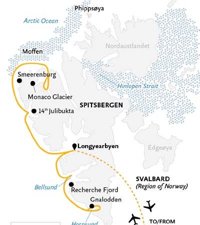 route map of small ship cruise Svalbard in spring, showing stops along the way and flight routes to and from