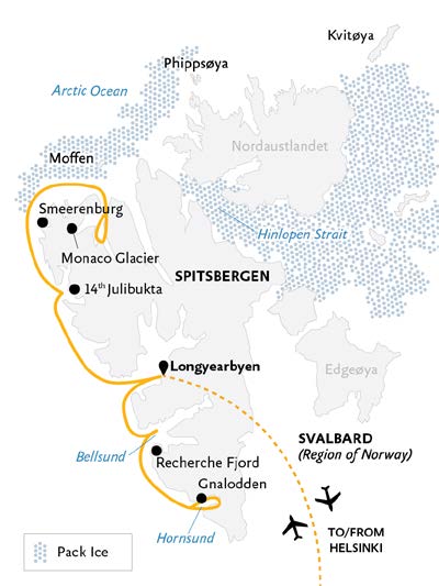 route map of small ship cruise Svalbard in spring, showing stops along the way and flight routes to and from