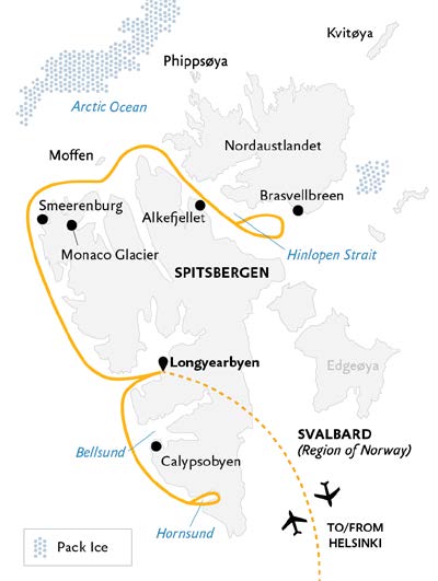 route map of small ship cruise showing Svalbard in summer route with flight routes to and from