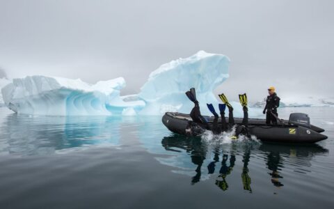 3 polar snorkelers launch backwards off the side of a Zodiac sitting in glassy water on a cloudy day during the Spirit of Antarctica expedition.