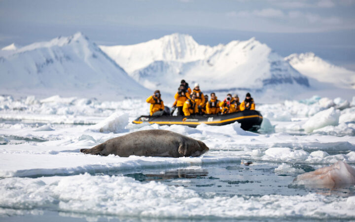 Zodiac boat with Three Arctic Islands travelers in yellow coats sits among iceberg bits watching a seal sleeping on the fast ice.