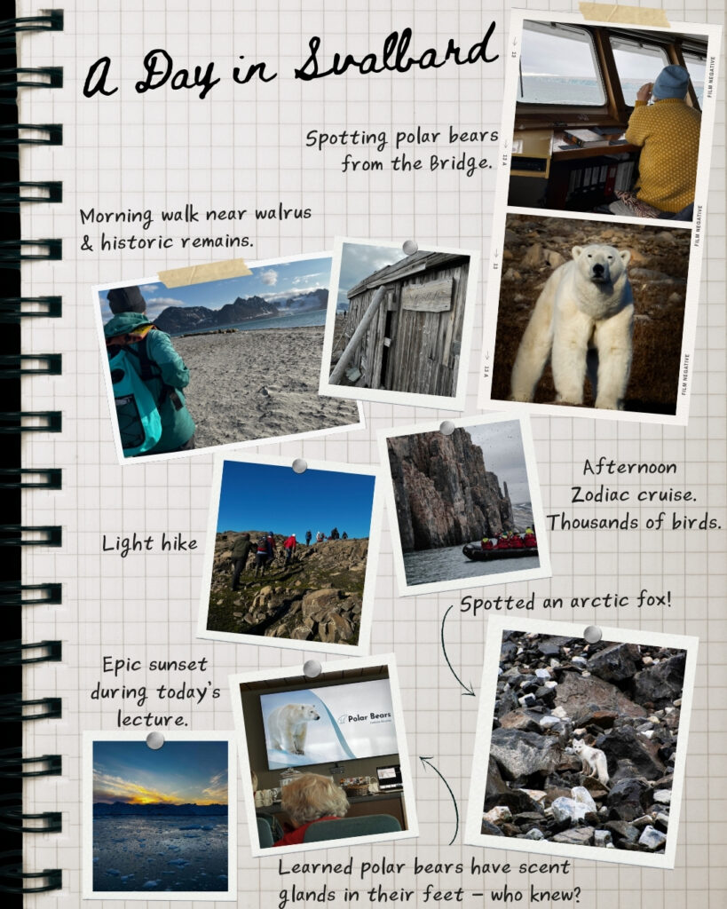 Notebook page with polaroid photos & hand-written notes showing a day on a Svalbard polar bear cruise.