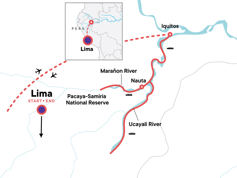 Amatista Amazon Cruise route map for a 9-day river cruise.