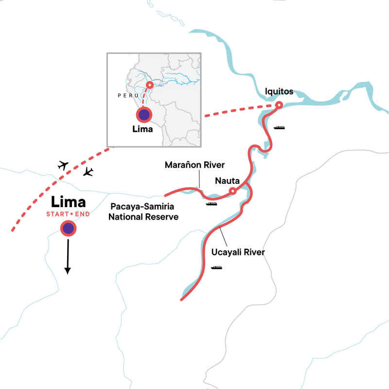 Amatista Amazon Cruise route map for a 9-day river cruise.
