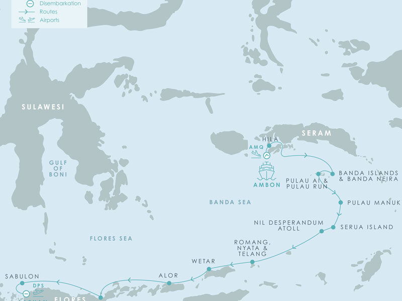 Route map of Aqua Blu Spice Islands to Flores Indonesia cruise, operating from Ambon to Labuan Bajo, with visits to the islands of Hila, the Bandas, Ai, Run, Manuk, Serua, Nil Desperandum Atoll, Telang, Wetar, Pantar, Maumere & Sablulon.