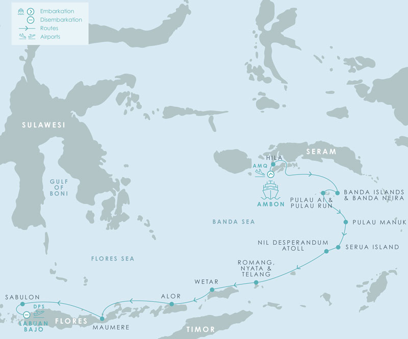 Route map of Aqua Blu Spice Islands to Flores Indonesia cruise, operating from Ambon to Labuan Bajo, with visits to the islands of Hila, the Bandas, Ai, Run, Manuk, Serua, Nil Desperandum Atoll, Telang, Wetar, Pantar, Maumere & Sablulon.