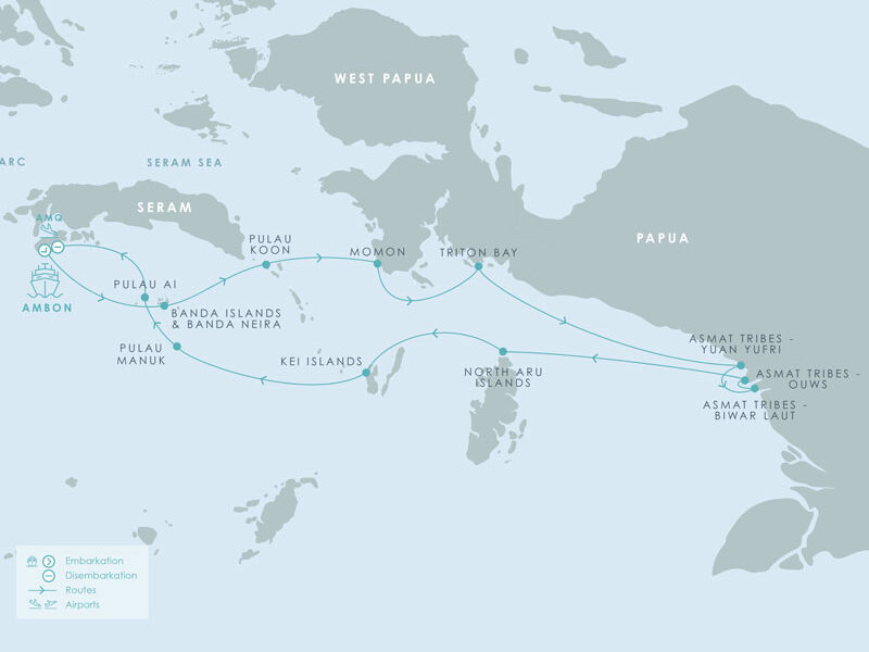 Route map of Aqua Blu Spice Islands & Asmat Tribe cruise round-trip from Ambon with visits along Indonesian islands & West Papua.