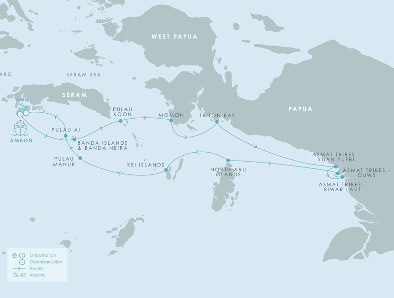 Route map of Aqua Blu Spice Islands & Asmat Tribe cruise round-trip from Ambon with visits along Indonesian islands & West Papua.