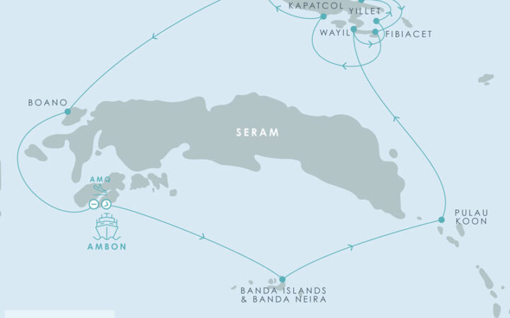 Route map of Aqua Blu Spice Islands & South Raja Ampat cruise round-trip from Ambon with visits to the islands of Banda Neira, Pulau Koon, Misool & Boano.