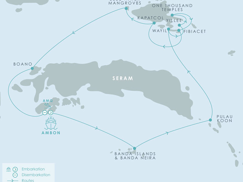 Route map of Aqua Blu Spice Islands & South Raja Ampat cruise round-trip from Ambon with visits to the islands of Banda Neira, Pulau Koon, Misool & Boano.