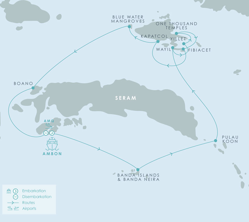 Route map of Aqua Blu Spice Islands & South Raja Ampat cruise round-trip from Ambon with visits to the islands of Banda Neira, Pulau Koon, Misool & Boano.